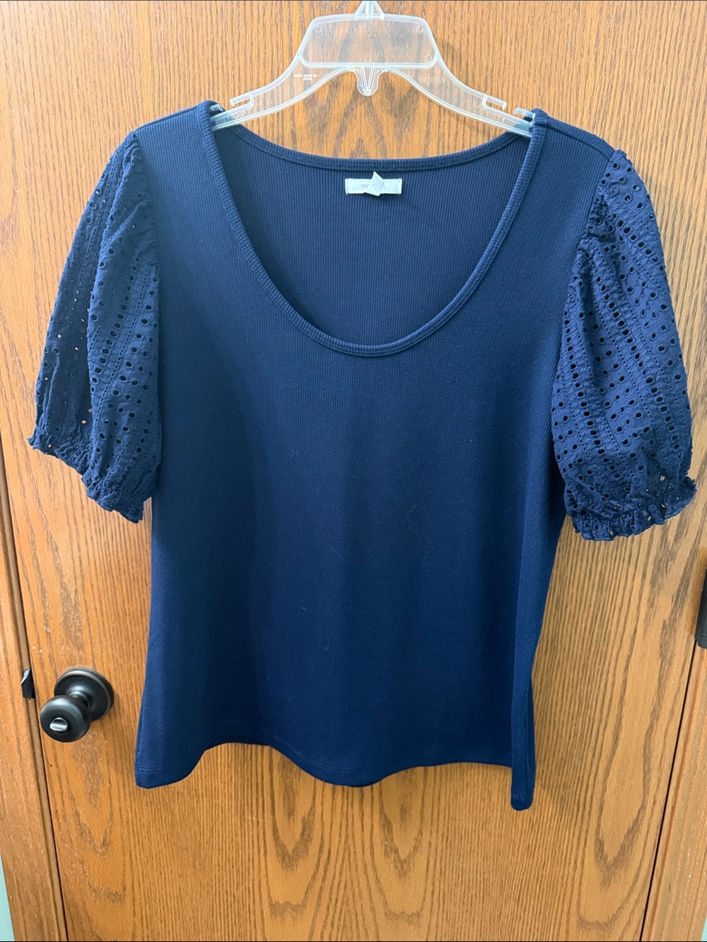 Maurices Navy Scoop Neck Top with Eyelet Puff Sleeves